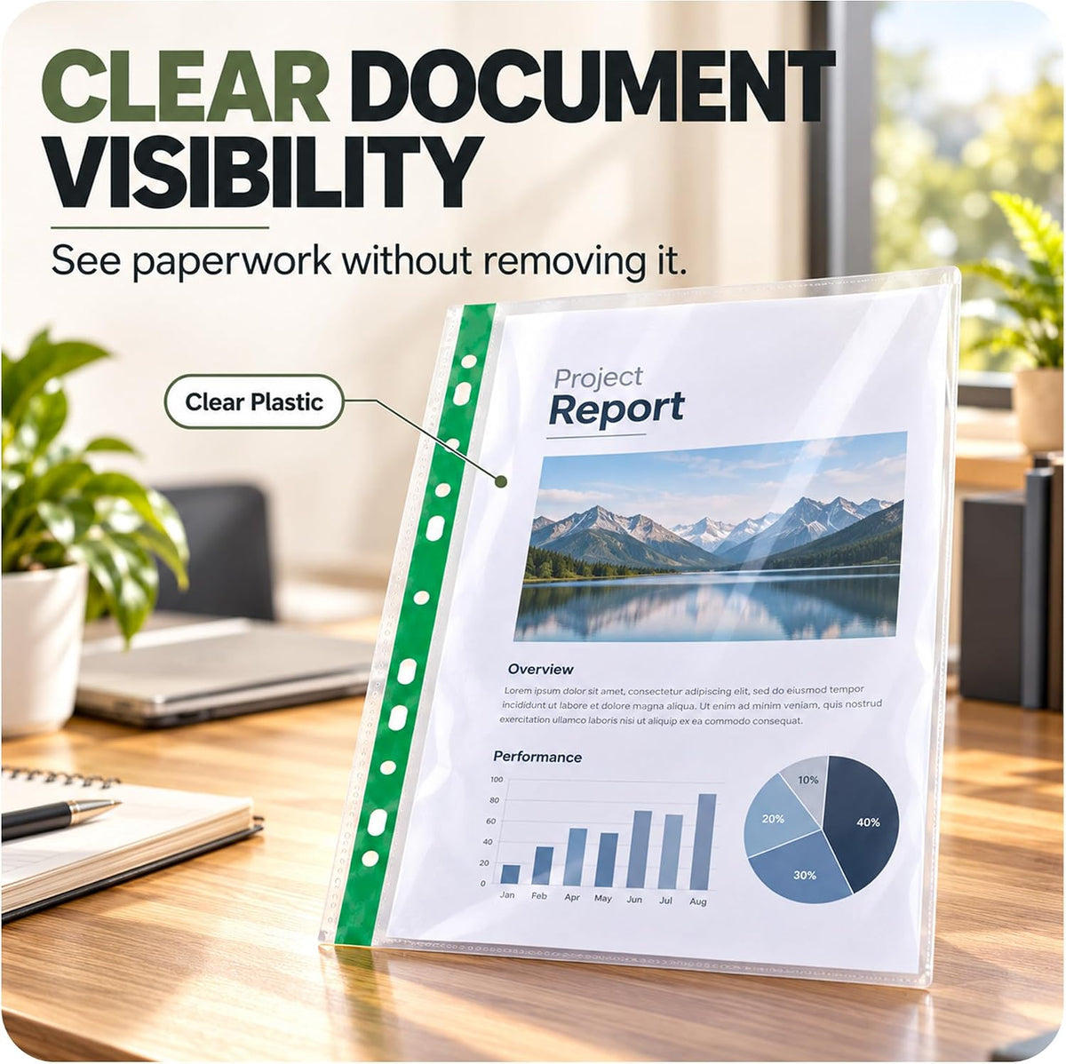 A4 Punched Pockets, Clear, 100 Pack, 40 Micron Plastic Wallets A4, Reinforced Spine, Top Opening, Ideal A4 Plastic Sleeves for Ring Binders, Office, School & Home Filing