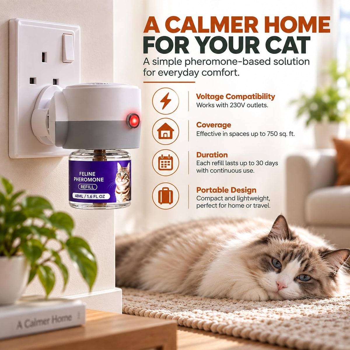 Roe Tenpo Cat Calming Plug In Diffuser Kit, 48ml Pheromone Diffuser for Cats, Cat Plug In Calmer for Stress & Anxiety Relief, Helps Reduce Spraying & Signs of Stress