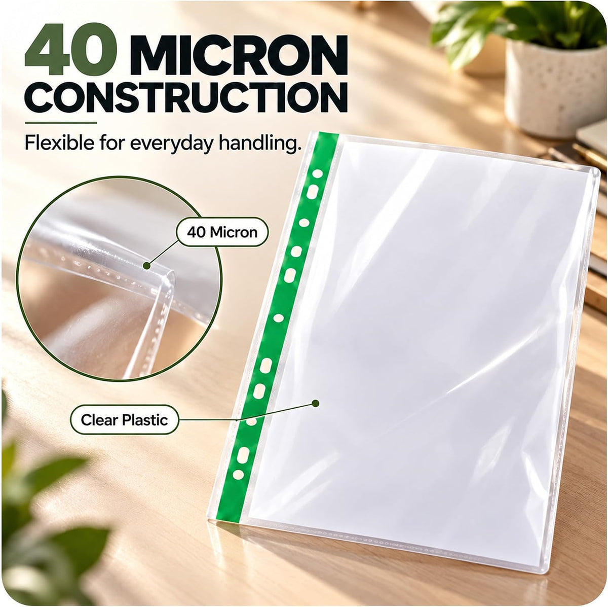 A4 Punched Pockets, Clear, 100 Pack, 40 Micron Plastic Wallets A4, Reinforced Spine, Top Opening, Ideal A4 Plastic Sleeves for Ring Binders, Office, School & Home Filing