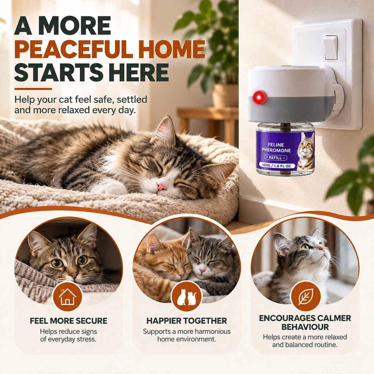 Roe Tenpo Cat Calming Plug In Diffuser Kit, 48ml Pheromone Diffuser for Cats, Cat Plug In Calmer for Stress & Anxiety Relief, Helps Reduce Spraying & Signs of Stress