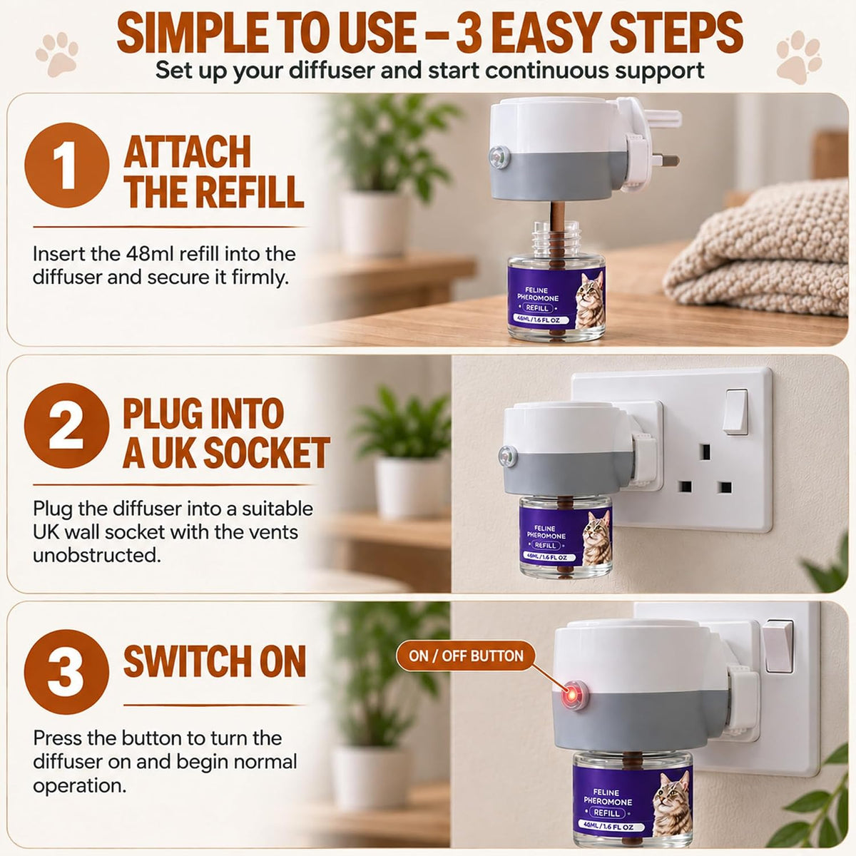 Roe Tenpo Cat Calming Plug In Diffuser Kit, 48ml Pheromone Diffuser for Cats, Cat Plug In Calmer for Stress & Anxiety Relief, Helps Reduce Spraying & Signs of Stress