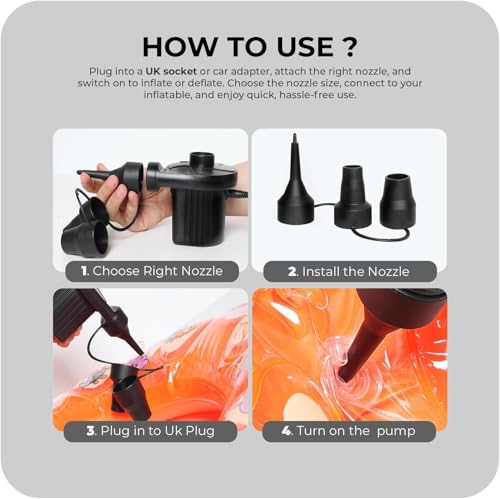 Active 100 Portable Electric Air Pump - Quick Inflate & Deflate, 3 Nozzles, 50W AC/DC (110-240V/12V) - Durable with Overheat Protection - Perfect for Airbed, Pools, and Outdoor Use (UK Plug)