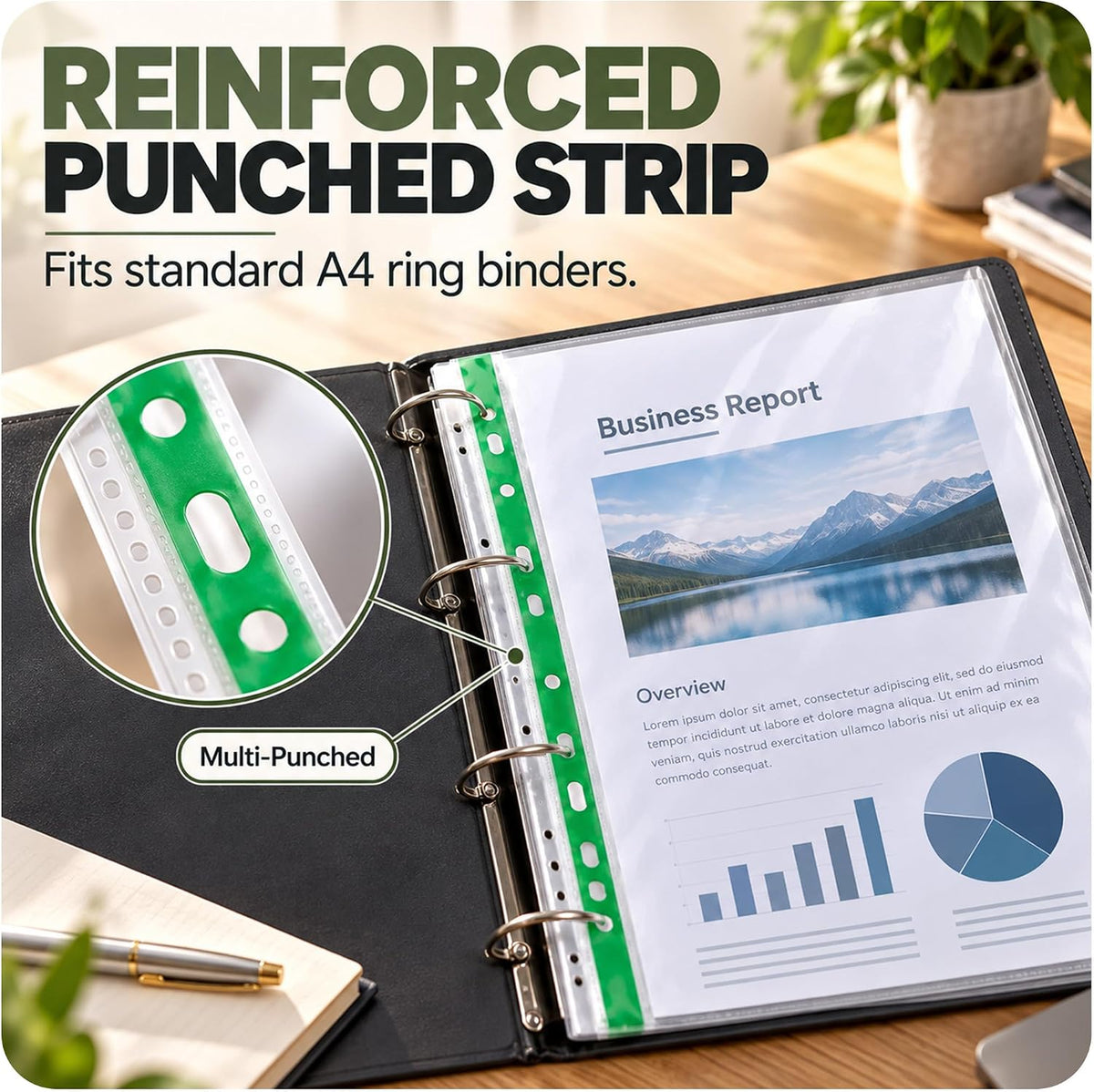 A4 Punched Pockets, Clear, 100 Pack, 40 Micron Plastic Wallets A4, Reinforced Spine, Top Opening, Ideal A4 Plastic Sleeves for Ring Binders, Office, School & Home Filing