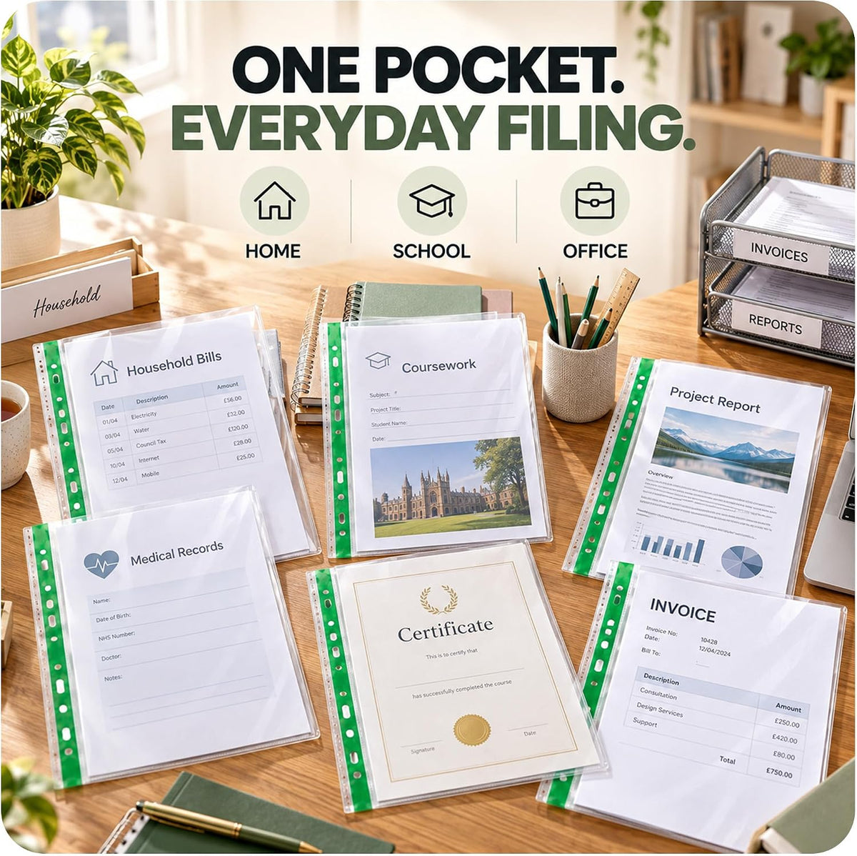 A4 Punched Pockets, Clear, 100 Pack, 40 Micron Plastic Wallets A4, Reinforced Spine, Top Opening, Ideal A4 Plastic Sleeves for Ring Binders, Office, School & Home Filing