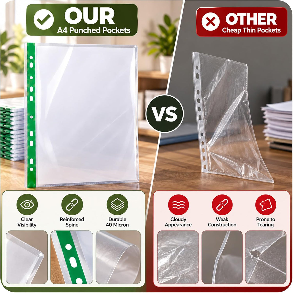 A4 Punched Pockets, Clear, 100 Pack, 40 Micron Plastic Wallets A4, Reinforced Spine, Top Opening, Ideal A4 Plastic Sleeves for Ring Binders, Office, School & Home Filing